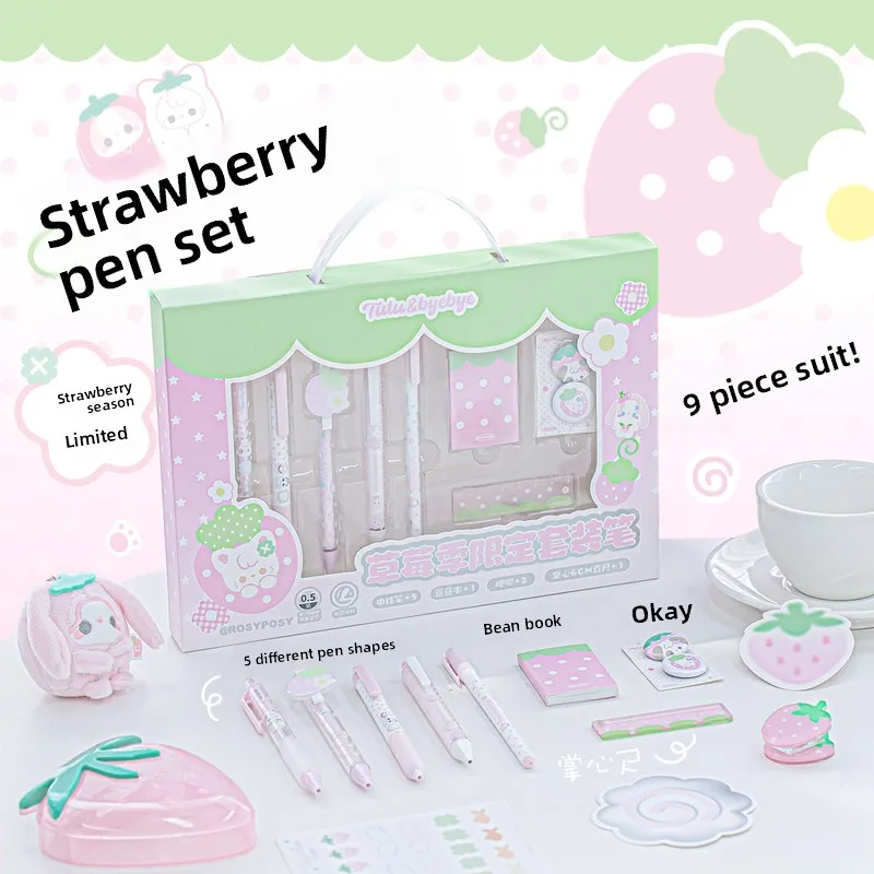 

Kawaii Strawberry Stationery Kit - Creamy Polka Dot Retractable Gel Pens Set for School Notebook