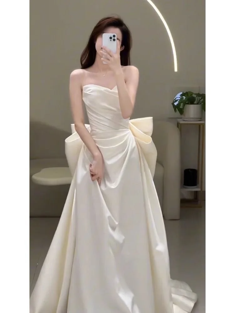 

Ele Satin Wedding Dr with Train Bridal Morning Robe Strapl Gown for Women Par Tailcoat Evening Gown