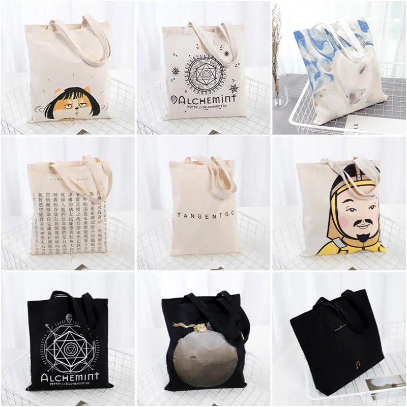 Reutilizável grande capacidade lona sacos de compras, dobrável Eco-Friendly algodão Tote, DIY Shoulder Bag, mercearia bolsa, bege e branco