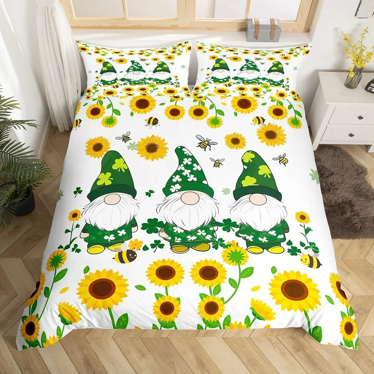Cute Honeybee Duvet Cover Twin Queen Spring Garden Bedding Set, Geometric Honeycomb Hexagon Comforter Cover Wild Animal Bed Set