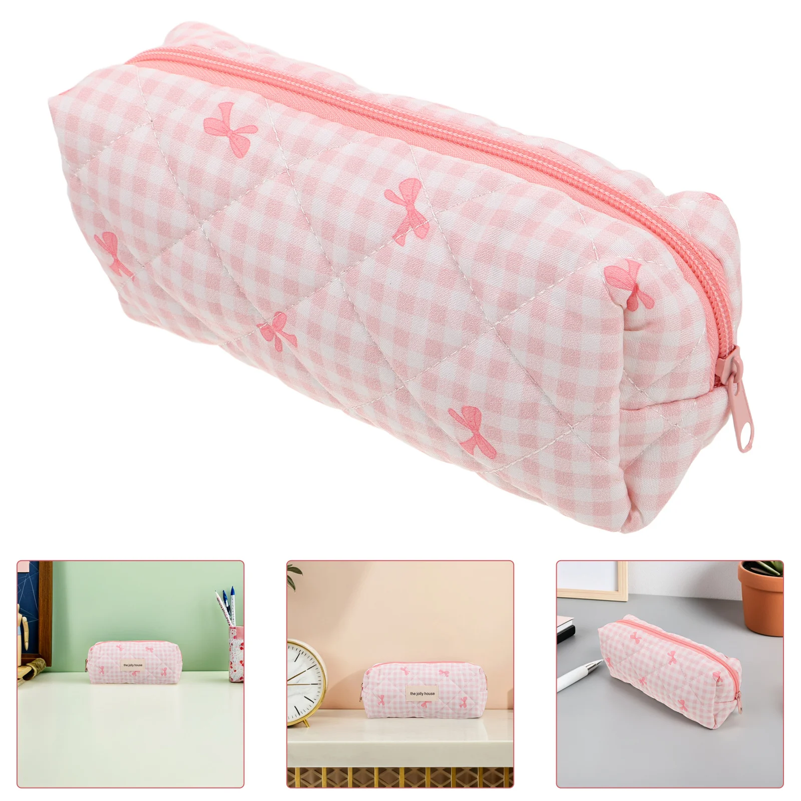 

Cute Pencil Case for Teen Girls Soft Zipper Bow Plaid Pencil Bag Large Capacity Student School Storage Organizer