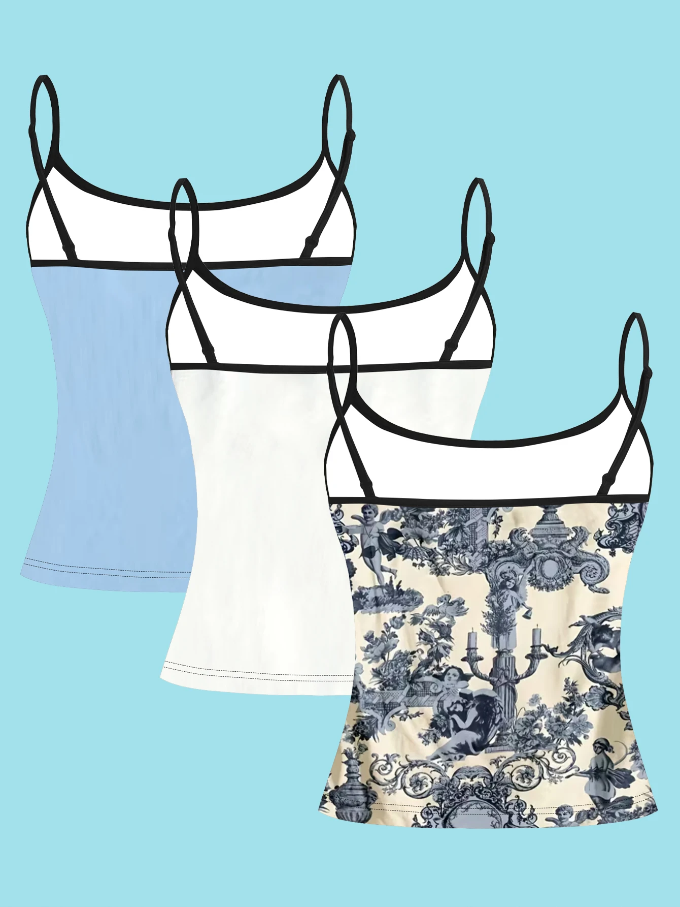 3-Piece Set of Ocean-Themed Floral Vintage Oil Painting Camisoles, Y2K Style Slim-Fit Inner and Outer Wear Tank Tops