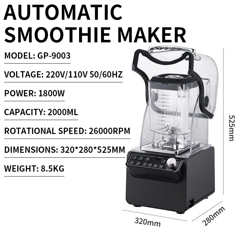 Fully Automatic Smoothie Maker with Soundproof Enclosure, High-Speed Ice Crusher, 3D Turbulent Mixing, Fruit Blender