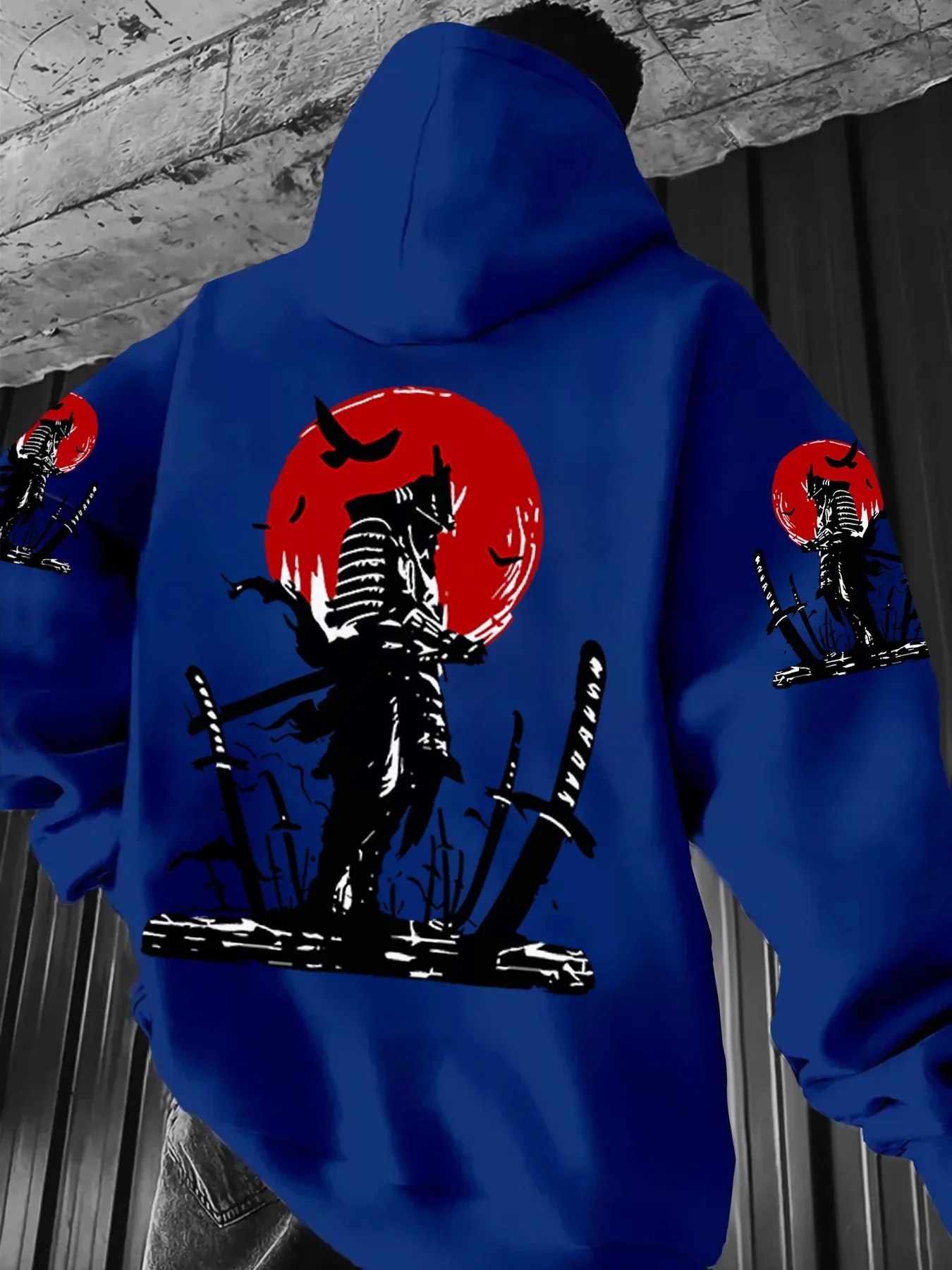 Retro Samurai Warrior Silhouette Red Sun Graphic Hoodie Unisex Aesthetic Japanese Bushido Style Casual Oversized Street Pullover