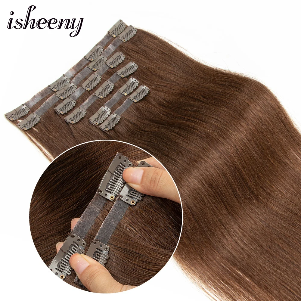 Isheeny PU Clip in Human Hair Extensions 6pcs/set Natural Straight Invisible Brazilian Machine Remy Clip Hair 120g 14\