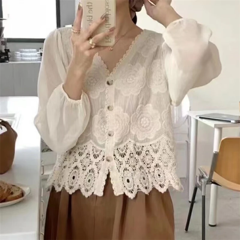 REALEFT 2024 New Lace Crochet Women\'s Blouses Spring Summer Korean V-Neck Long Sleeve Single Breated Short Shirts Female