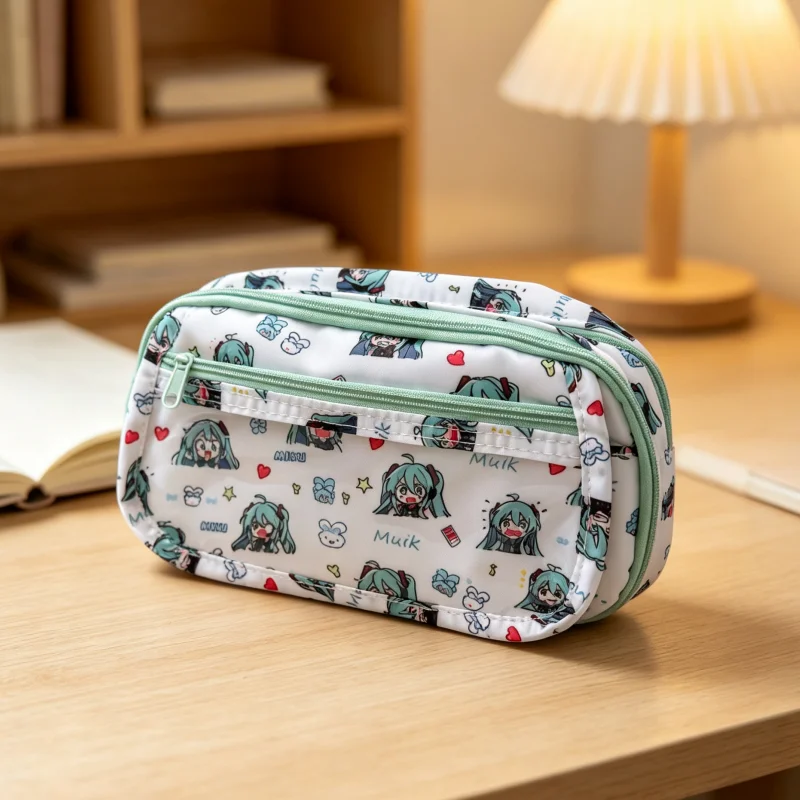 Hatsune Miku Federmäppchen, Schreibwarentasche, für Studenten, große Kapazität, mehrschichtig, Schreibwarentasche, Münzgeldbörse, Kosmetiktasche, Zubehör