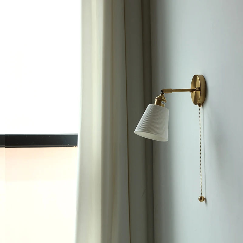 Japanese Style Ceramic Wall Lamp With Switch Bedsides Bedroom Designer Wall Decor Parlor Study Drawstring Reading Lights Fixture