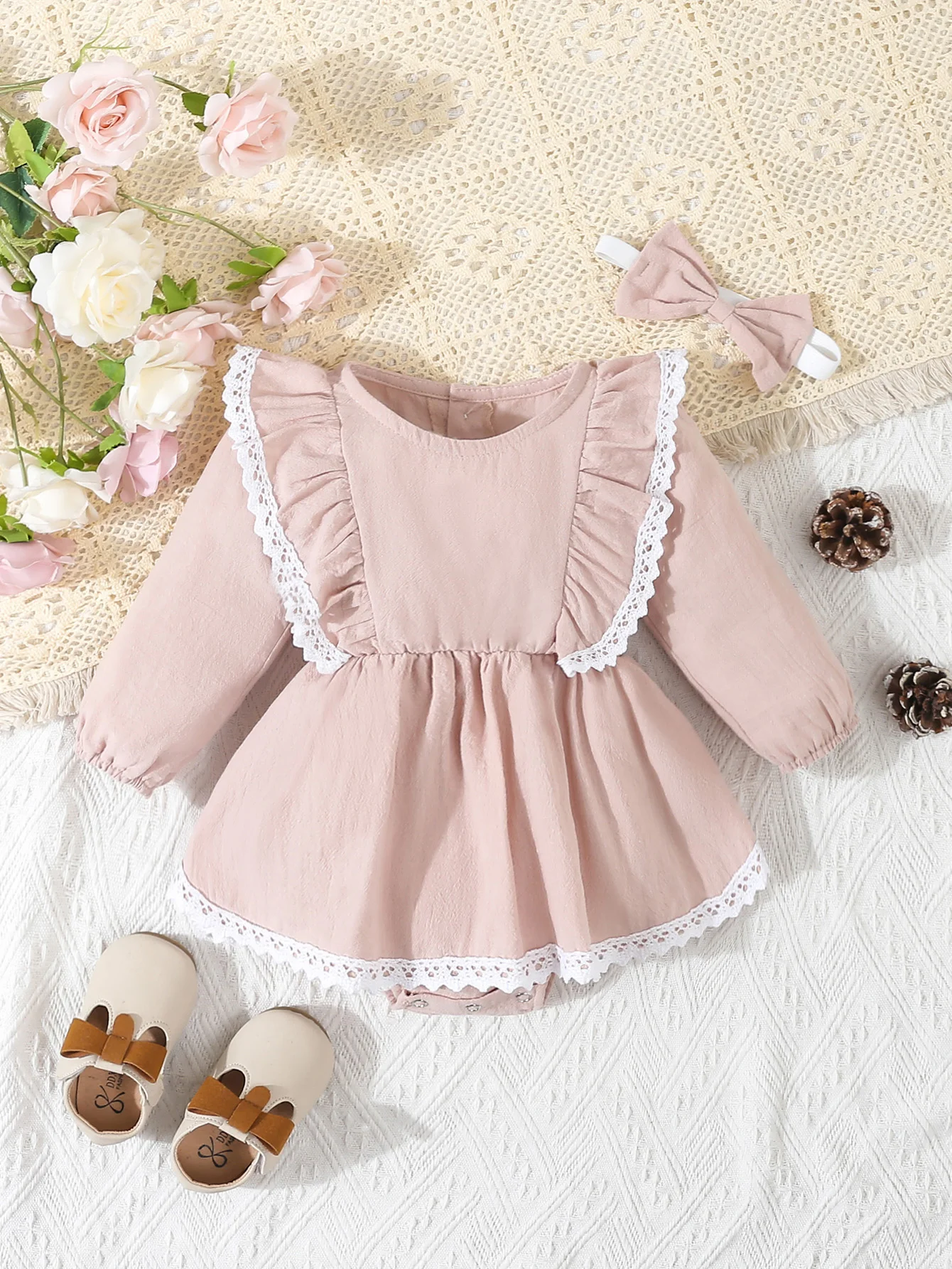 Baby Girl‘s Clothes 2Pcs Cute Lace Ruffled Long Sleeve Cotton Dress Headwear Toddler Girl\'s Clothing Outfit Set