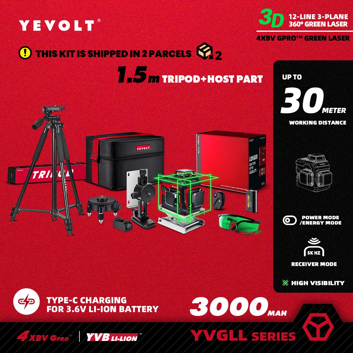 YEVOLT TP-YVGLL4XS12-Series Green Laser Level 3-Plane 12-Line Self-leveling 360 3D Power x 1/2 Measuring Tool-1.5M Tripod