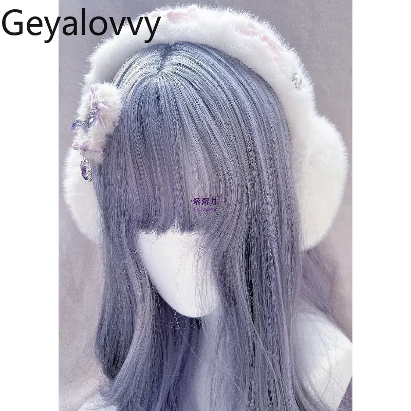 

Зимние теплые милые наушники ручной работы в стиле Лолиты, милые в японском стиле, универсальные пушистые наушники с бантом и бисером, аксессуары для женщин