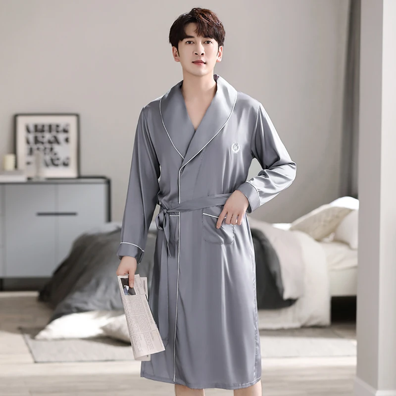 Mens Silk Satin Pajamas Sleepwear Robe Long Sleeve Robes Bathrobe V-Neck Nightgown