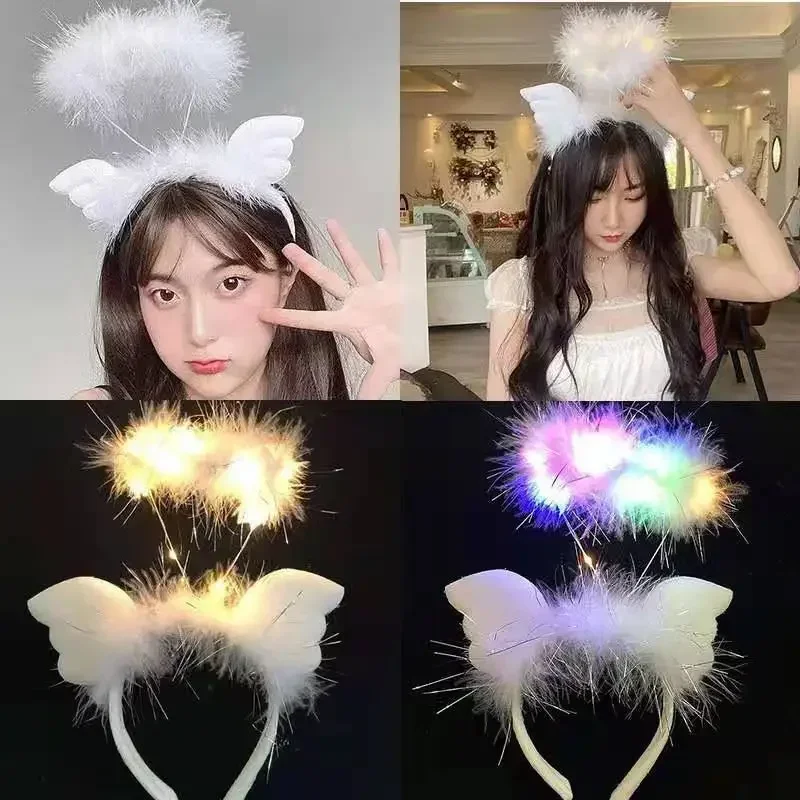 Hot selling Angel Wings Feather Glowing Hair Hoop Ball Headpiece Goose Feather Antlers LED Headband