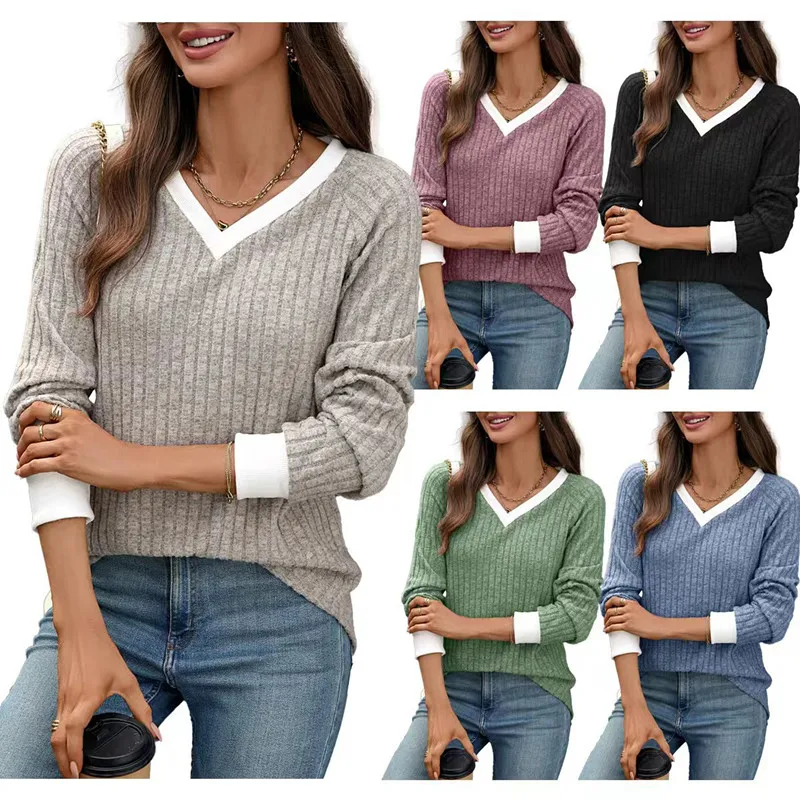 Women Knit Sweatshirt Round Neck Long Sleeve Pit Strip Brushed Color Blocked Spring Winter Shirts T Shirt