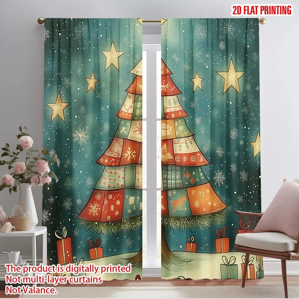 2pcs,2D plane printing Curtains Roller Blinds Christmas Tree Stars Gift (2) Polyester (without rod) Holiday for Bedroom, Living