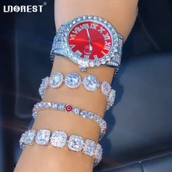 Necklace+Watch+Bracelet Iced Out Square Crystal Cuban Bracelets Necklace Set Men Women Chunky Crystal Tennis Chain Punk Jewelry