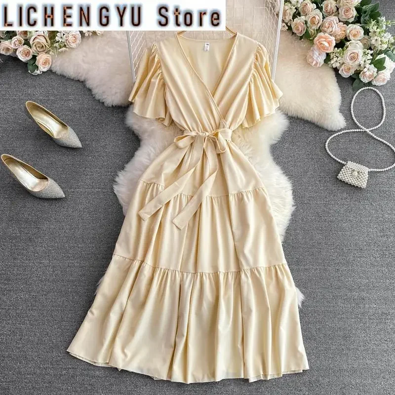 

10 Color Multi Size Sweet Style Women's Fold Bandage Puff Sleeve Solid Color High Waist Dress Autumn New Dresses