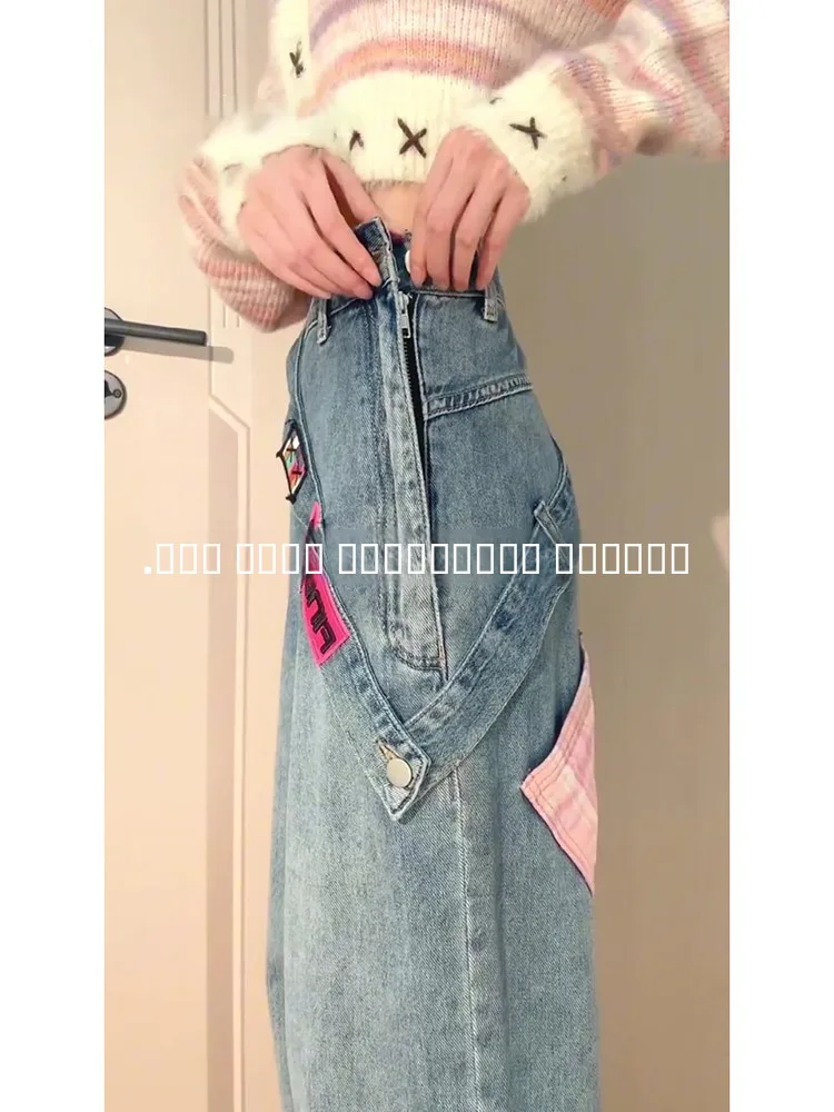 

Джинсы женские с высокой талией в американском стиле, на молнии, весна-осень, с клетчатыми вставками, широкие штанины, длиной в пол