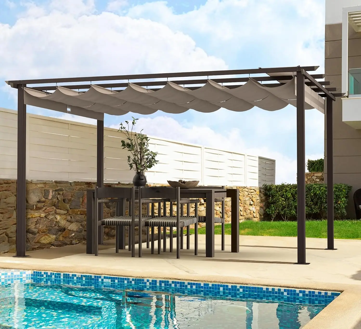 10'x13' Retractable Pergola Sun Shade Canopy Aluminum Patio Shelter Backyard Garden Porch Ground Studs & Screws, Customized