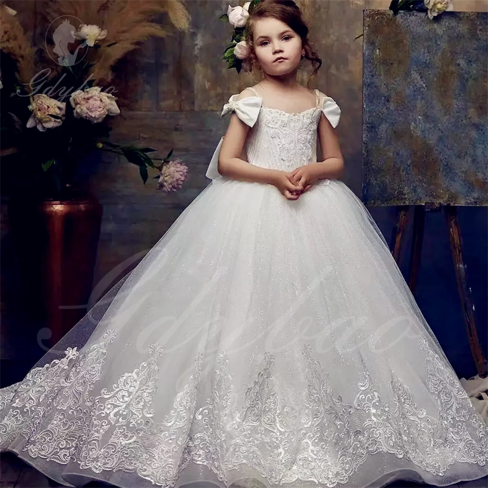 

Sleeveless Lace Flower Girl Princess Dresses Children First Communion Gown Bow Puffy Appliques Long Wedding Party Formal Dress