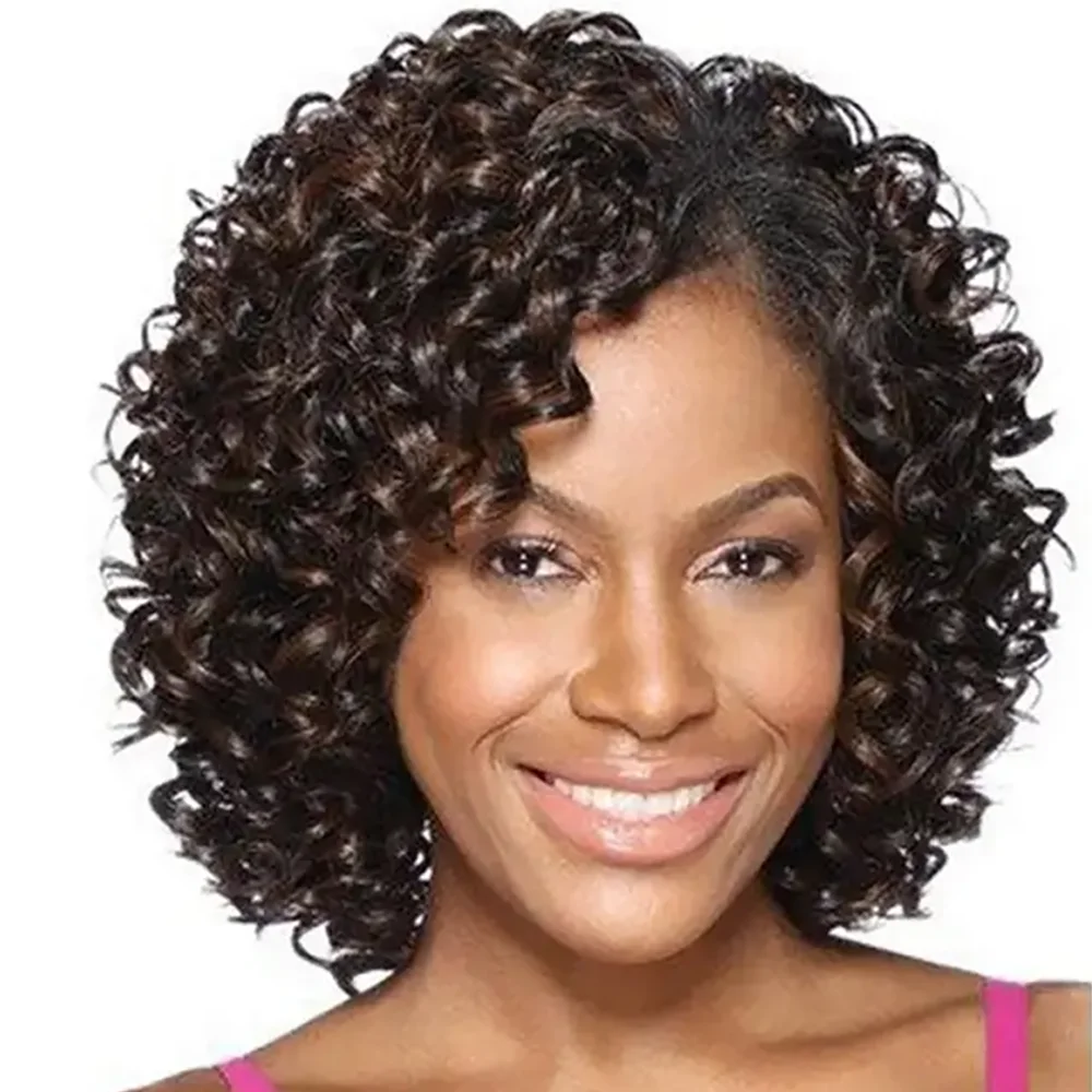 

Женский натуральный синтетический вьющийся афро-парик с кудрявыми завитками, улучшающий шиньон, короткий коричневый, пушистый, надувной, с челкой