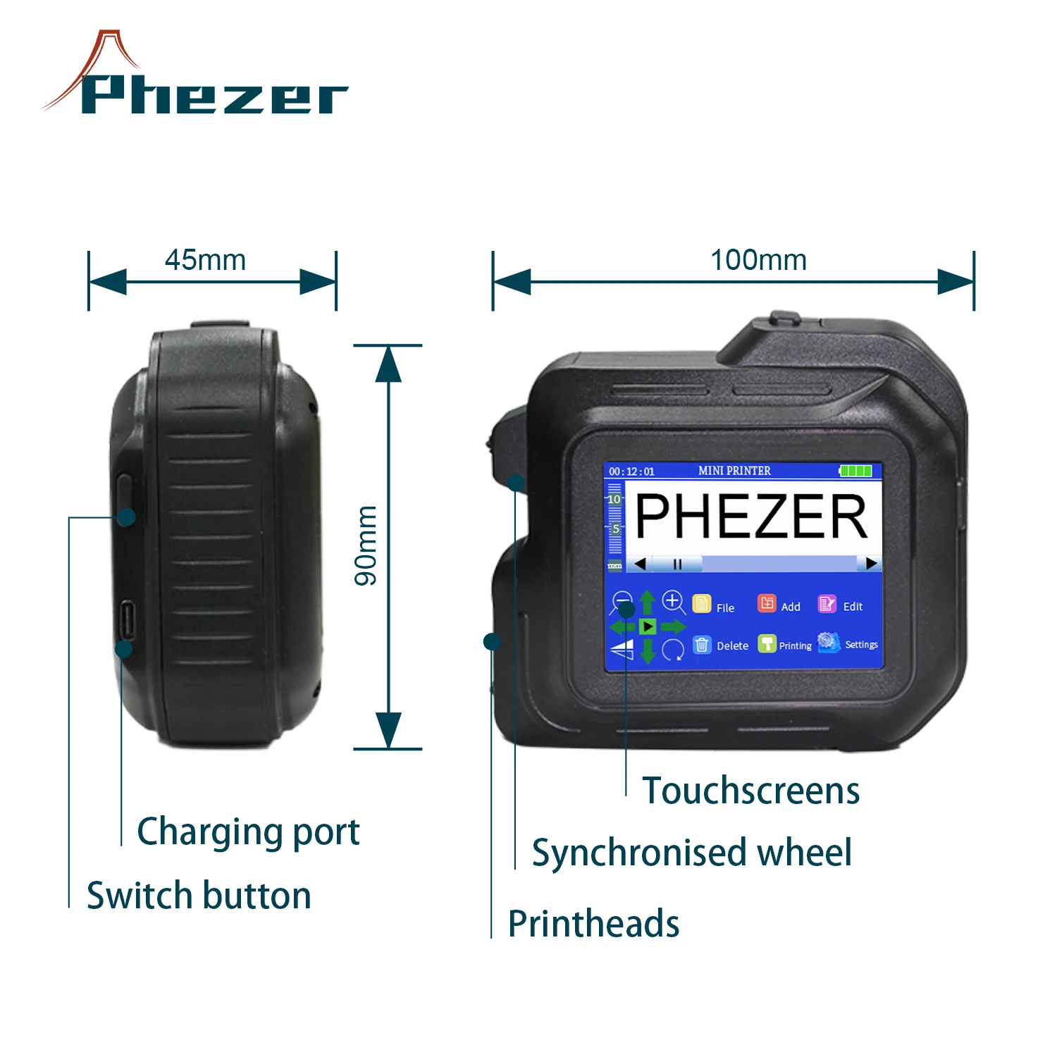 Phezer PC98 Mini Printer 28 Languages 12.7mm Portable Printer Handheld Inkjet Printer QR Bar Code Date Logo Expiry Date