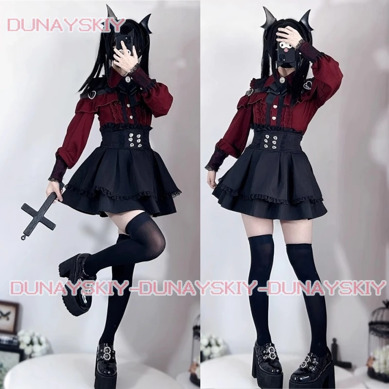 Jirai kei Outfit Lolita Girls Blouse Top Women Long Sleeve Shirt Kawii Bow Black Skirts Shirts Y2K Sweet Japanese Lady Style Set image 2
