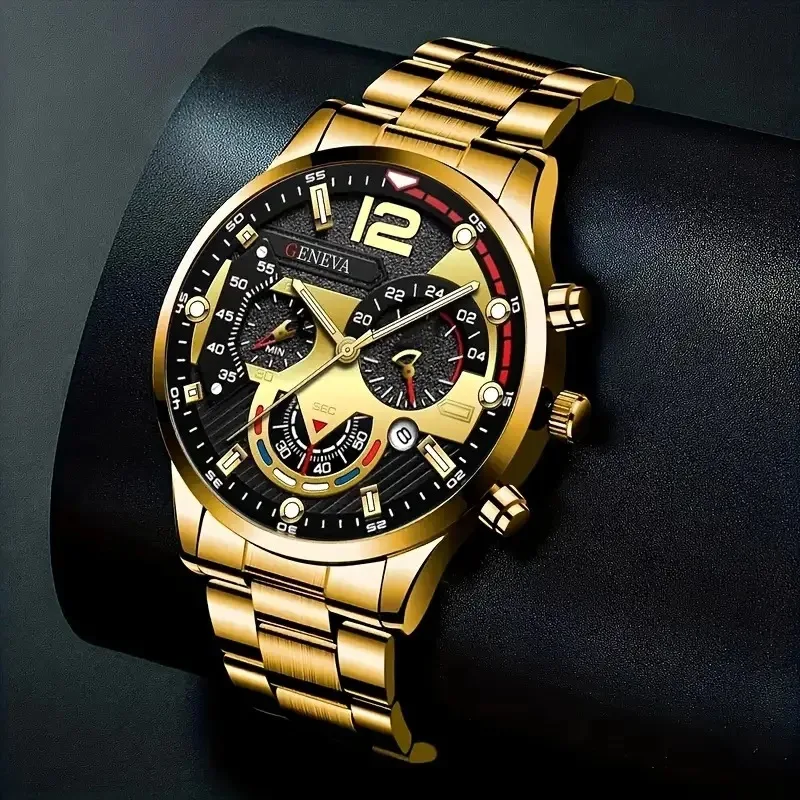 4 unids/set de relojes de negocios para hombre, reloj de cuarzo analógico con banda de acero clásica de Color dorado a la moda, conjunto de joyería para hombre, relojes masculinos