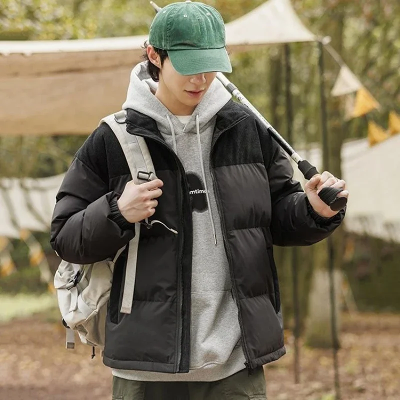 ​Men's Oversized Loose Fit Quilted Jacket Winter Couple's Solid Color Thickened Warmth All-Weather Coat with Standing Collar​