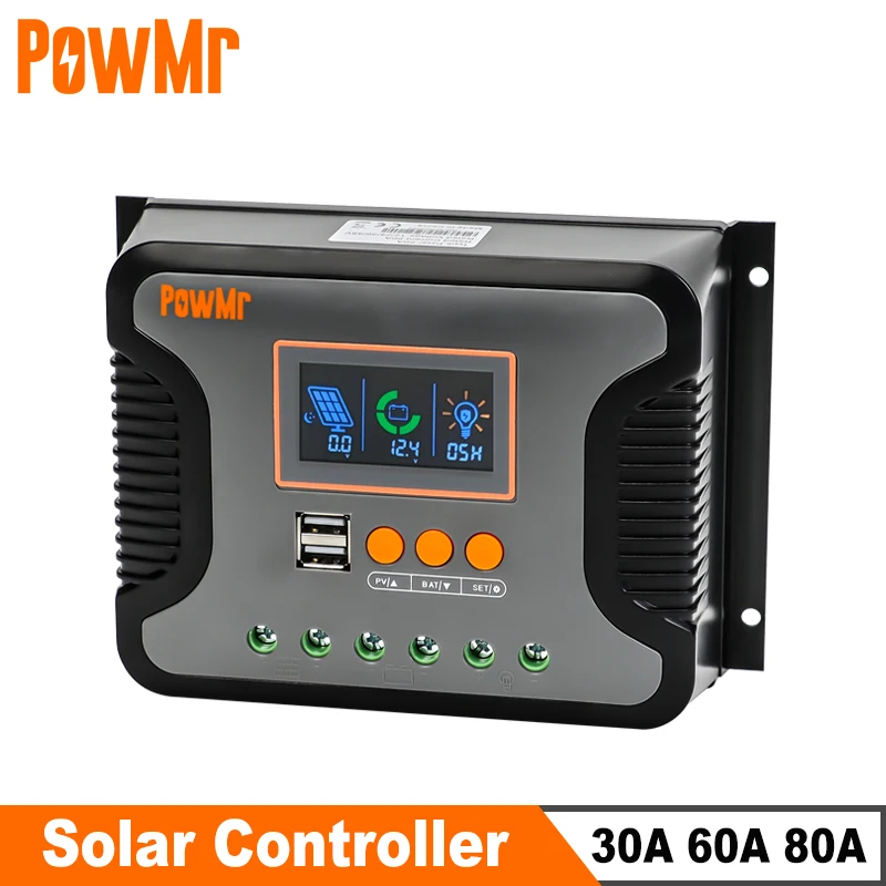 Powmr Pwm Controlador de Carga Solar Carregador de Bateria de Lítio Chumbo-ácido pv Máximo 100v 100v 80a 60a 30a 12v 24v 36v 48v