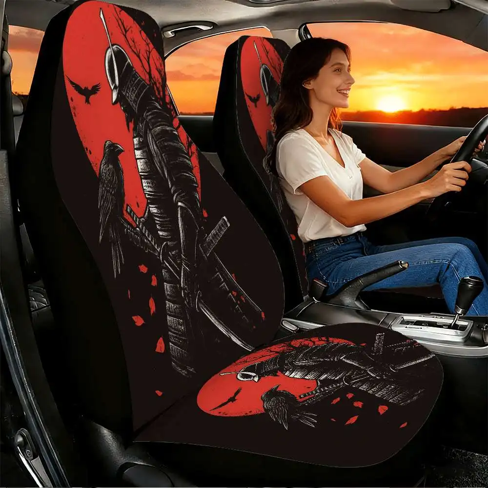 Set Of 2 Samurai Warrior Car Seat Covers Featuring A Raven Design, Ideal For Front Seats. They Have A High Back Style And Are Ma