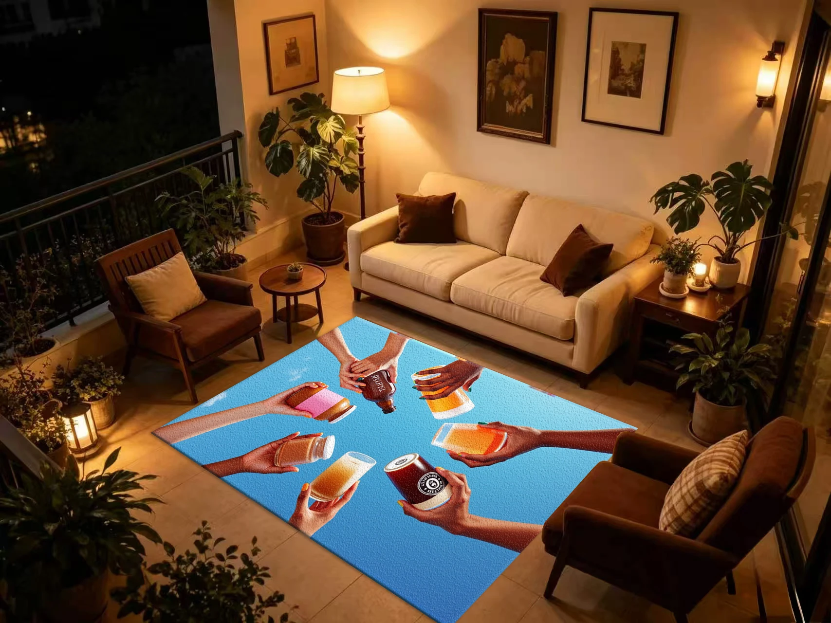Cheers Party Toasting Hands Art Carpet Flooring, Modern Creative Non-Slip Area Rug for Living Room Bar Home Interior Decor