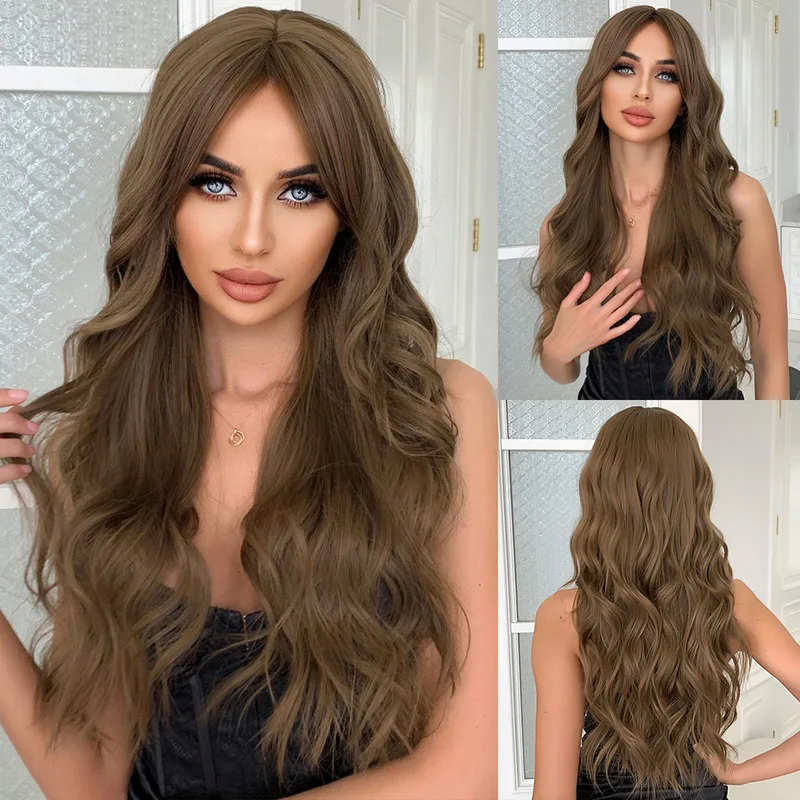 European and American style wig with middle-parted bangs, dark brown long wavy hair, 28-inch full head wig
