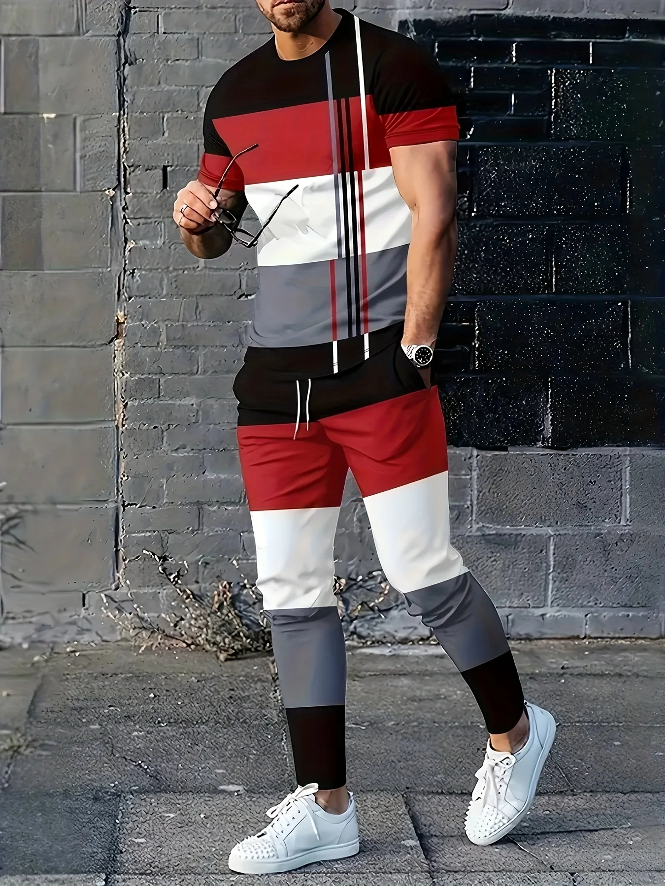 

Summer new men's casual two-piece round neck short sleeved T-shirt and drawstring pants with pockets knitted outdoor sportswear