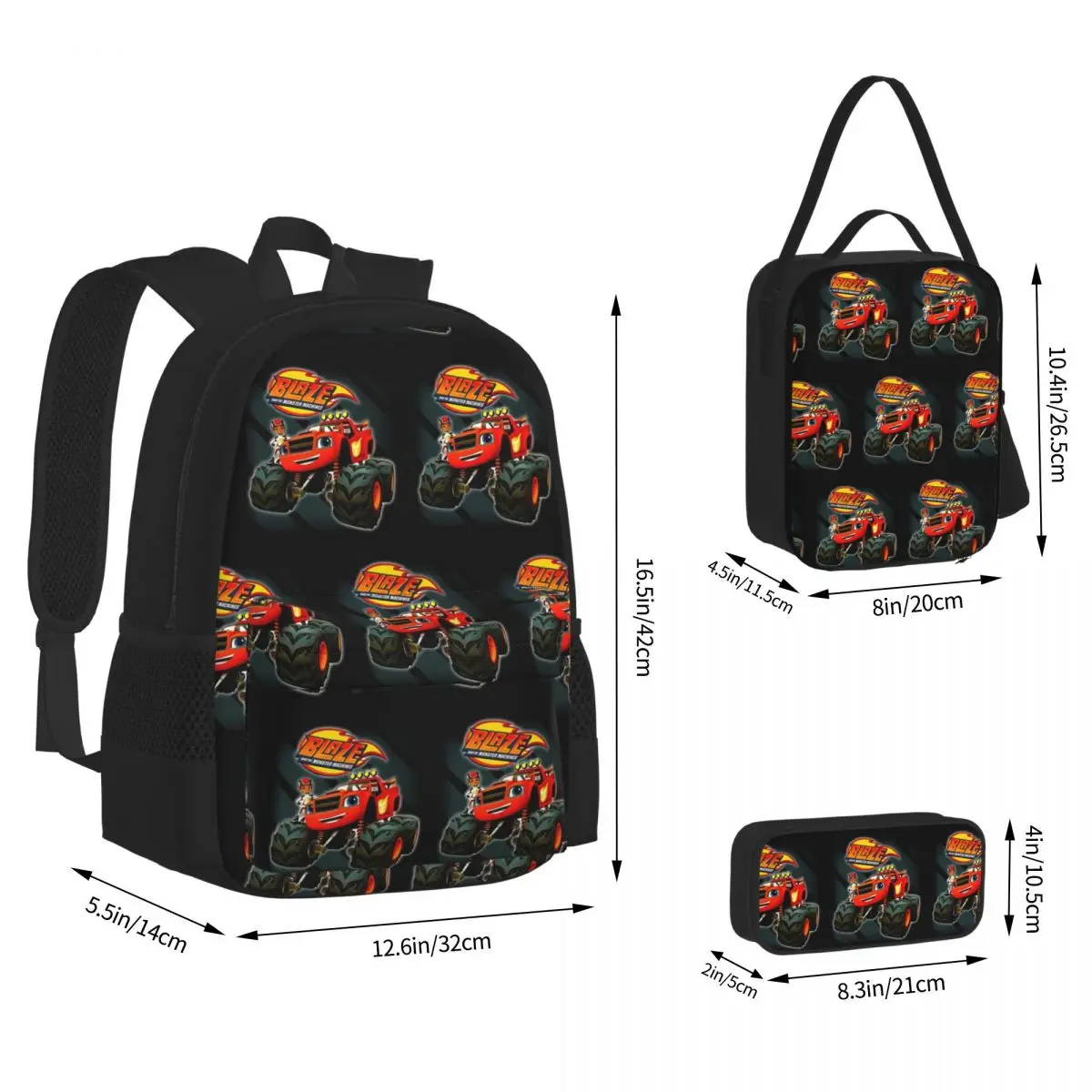 Blaze And The Monster Machines Backpacks Boys Girls Bookbag School Bags Rucksack Lunch Bag Pen Bag Three-Piece Set