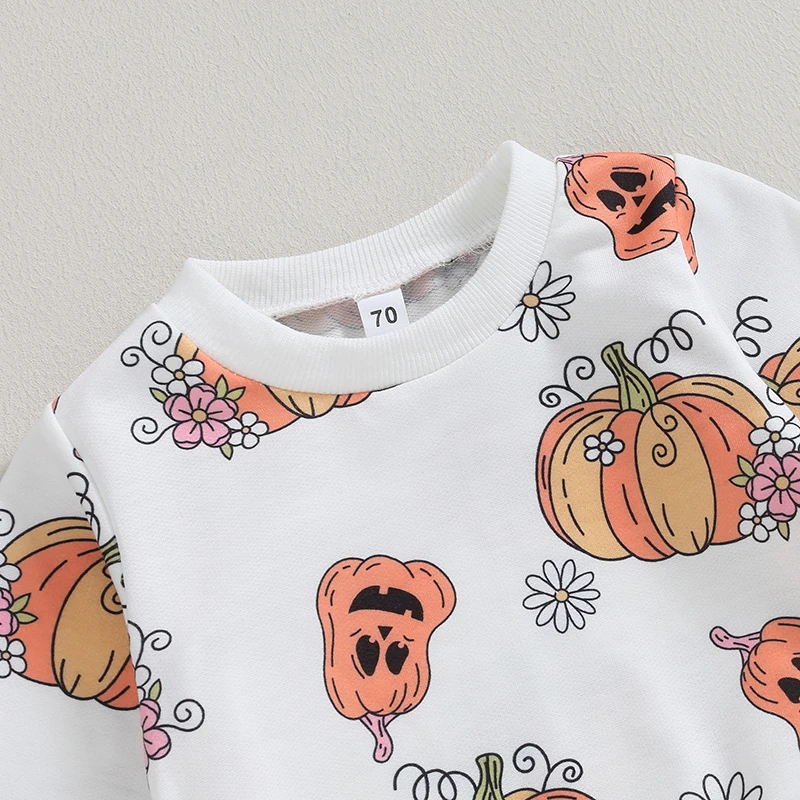 Set di costumi di Halloween per ragazze, felpa stampata girocollo a maniche lunghe, top con pantaloni con stampa floreale zucca abbinata per