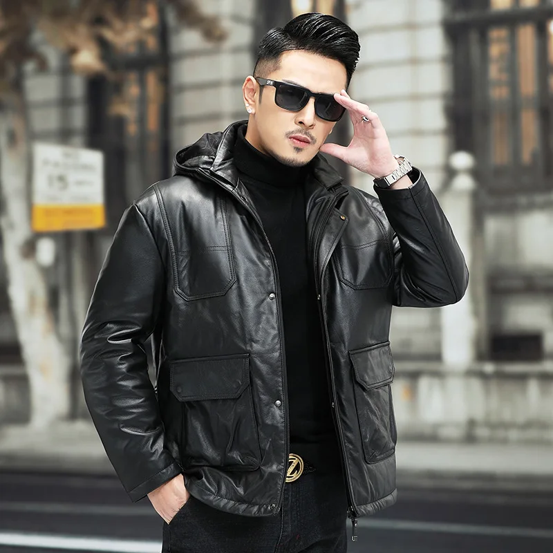 New Men's Cowhide Fur Coats Winter Male Casual Motorcycle Parka Down Jackets Plus Size Fashion Pocket Hooded Long Overcoat