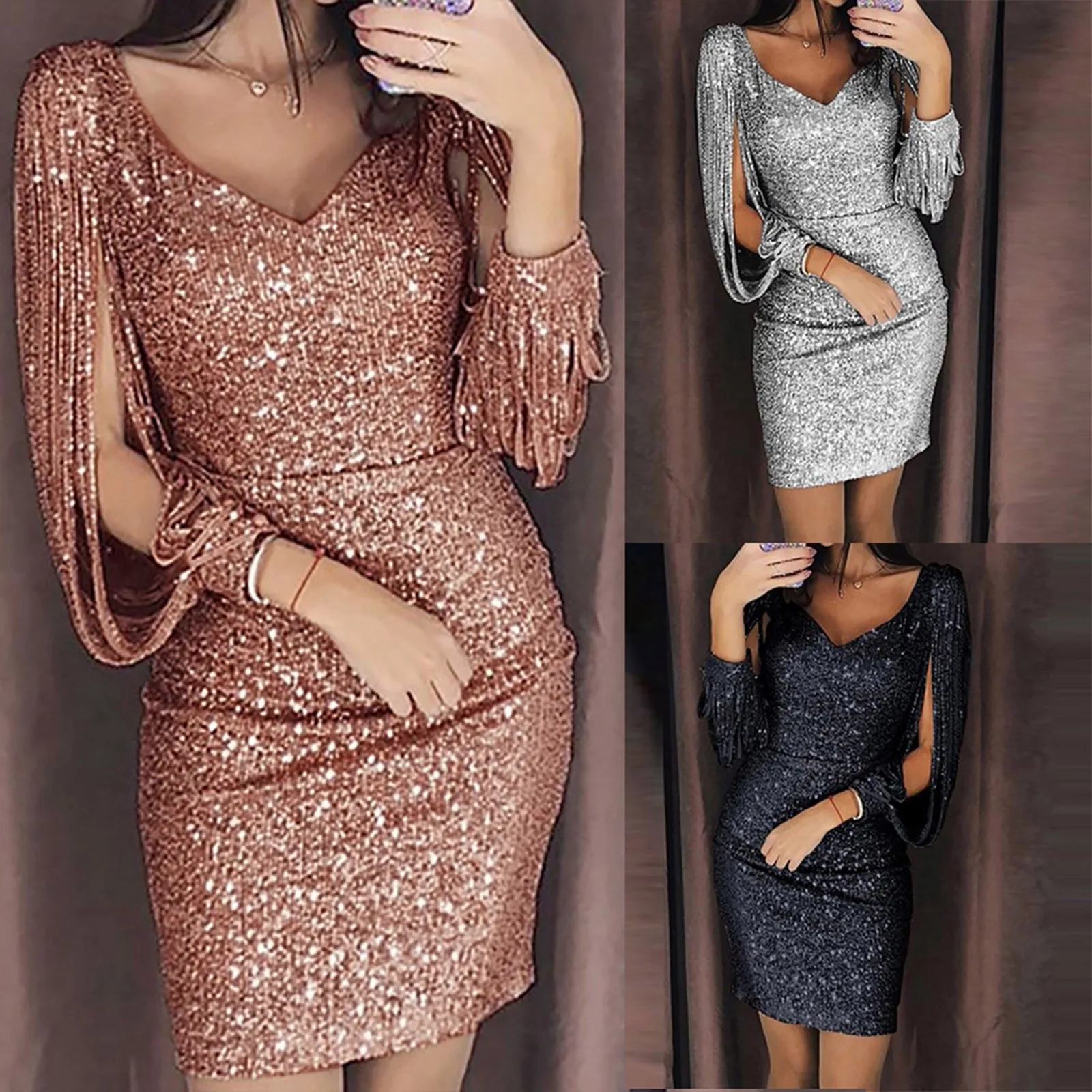 Women Sequin Dresses Glitter Sparkle Sexy V Neck Summer Short Dress Tassel Shining Club Sheath Long Sleeve Mini Dress for Party