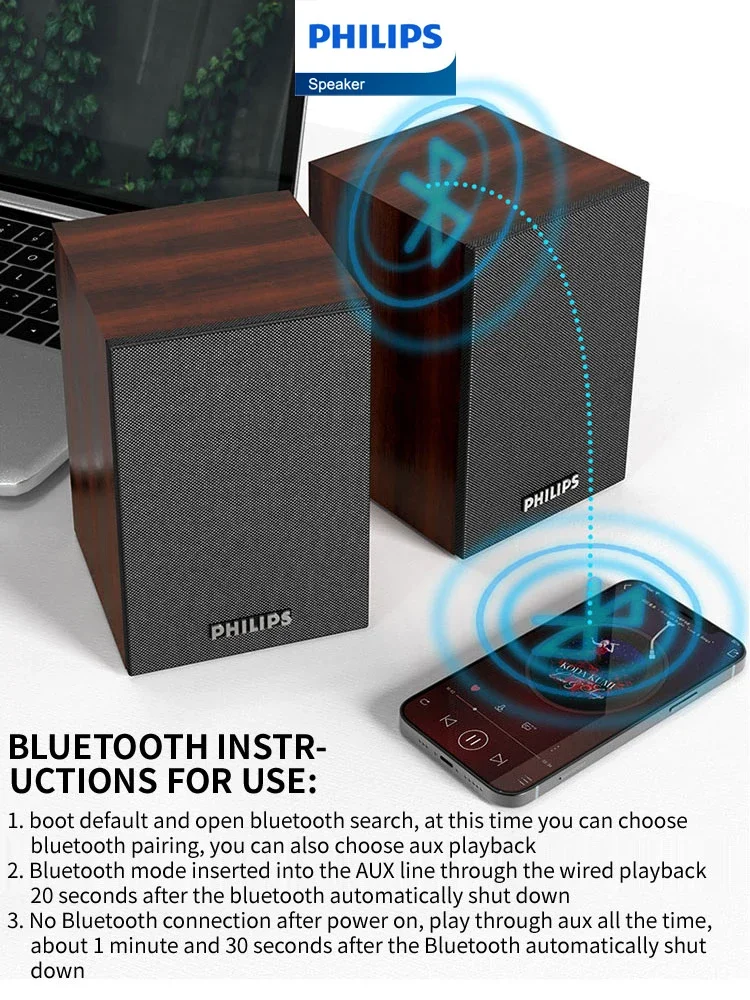 Philips SPA20 Bluetooth Speaker Mini Portable Wood Grain Indoor Desktop Loudspeaker 1 pair for Computer Smartphone Long Standby