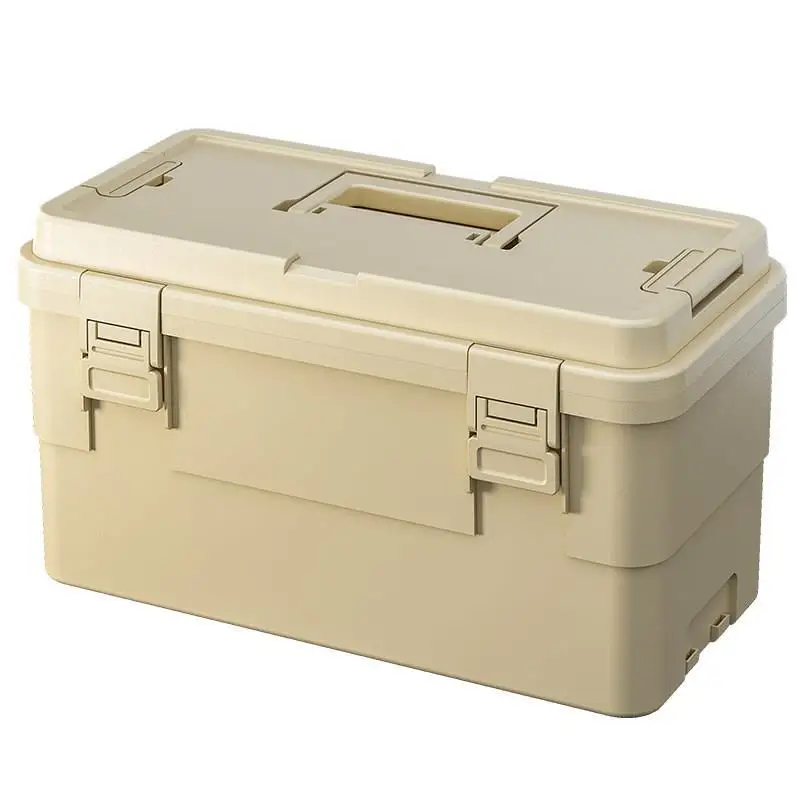 Beige Plastic Portable Storage Box With Locking Latches Handle Durable Dustproof Organizer For Home Garage Camping Outdoor Tools