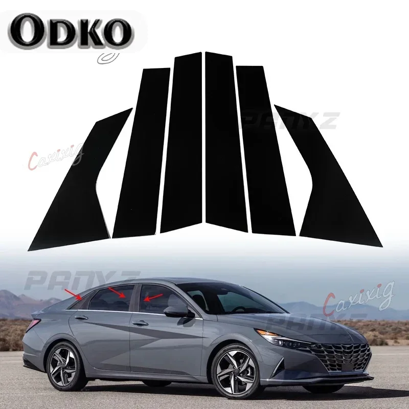6Pcs Car Window Pillar Posts Door Trims Cover Stickers Glossy Black Accessories for Hyundai Elantra 2021 2022 2023 Carbon Fiber