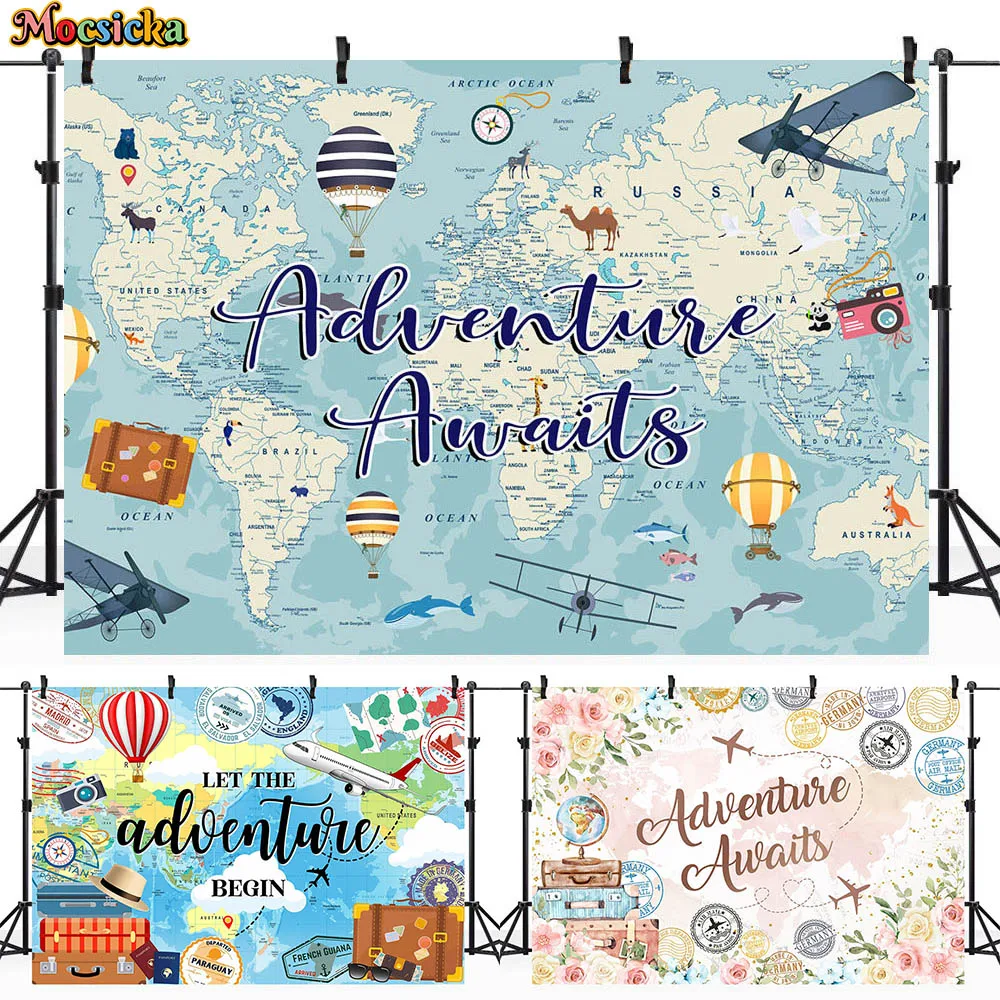 

Mocsicka Adventure Awaits Background World Travel Airplane Hot Air Balloon Baby Shower Backdrop Newborn Welcome Party Decoration