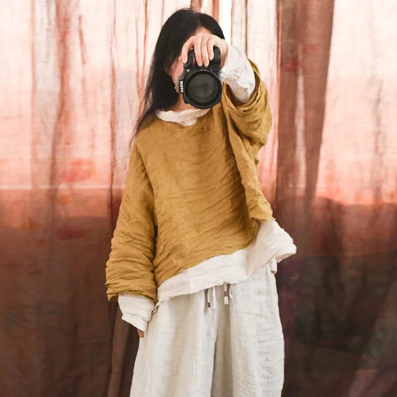 

Повседневная льняная женская куртка с длинным рукавом, V-образным вырезом, в винтажном стиле, универсальный топ, верхняя одежда для весны и осени