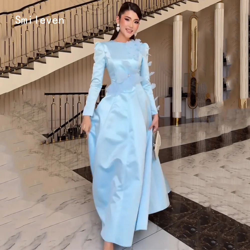 Smileven Luxury 3D Flower A Line Evening Dress Scoop Elegant Formal Prom Dresses Full Sleeve Blue Party Gowns Customized 2026