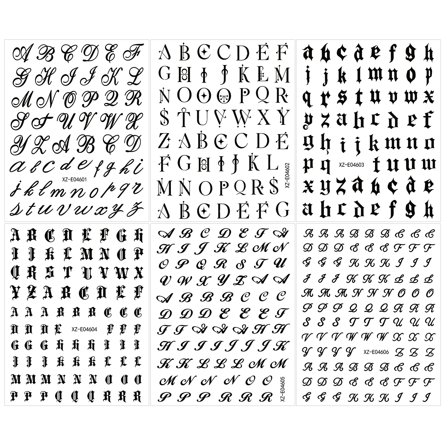 6 Stück/Set Schwarze Gothic 26 Englische Buchstaben Nagelaufkleber 3D Retro Alte Alphabet-Nagelsticker Selbstklebende Englische Buchstaben Nageldekoration – Detail 7