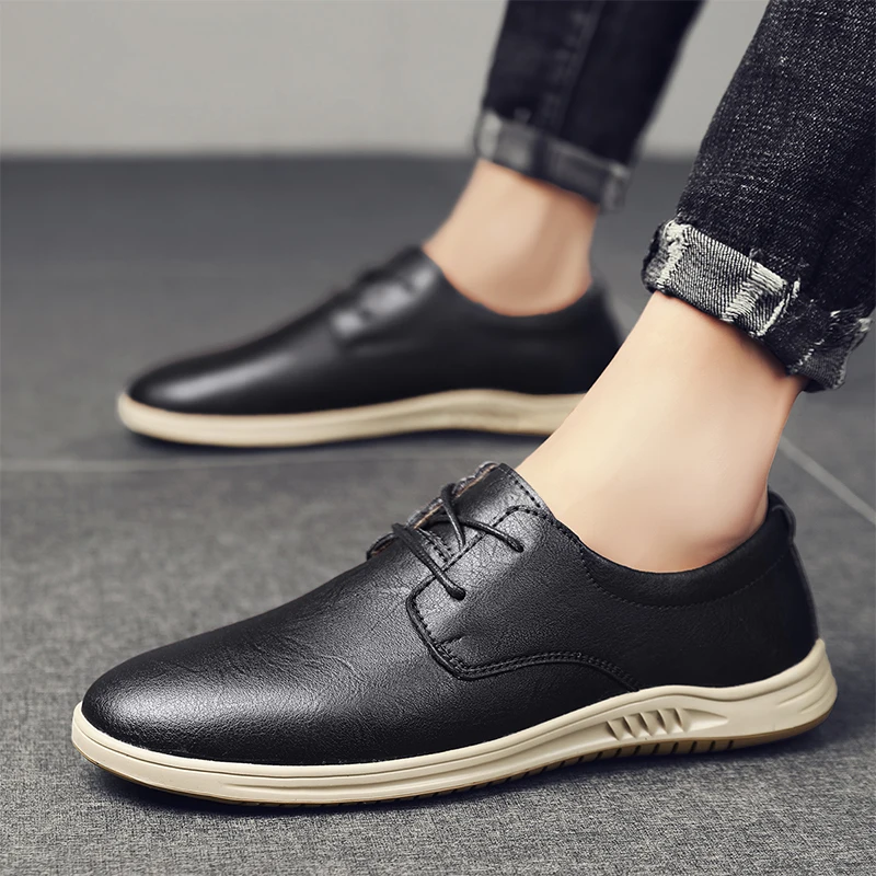 

New Men's Cowhide Business Casual Low Top Lace Up Leather Shoes Men Four Seasons Shoe Comfort Breathable Non-slip Elastic Shoes