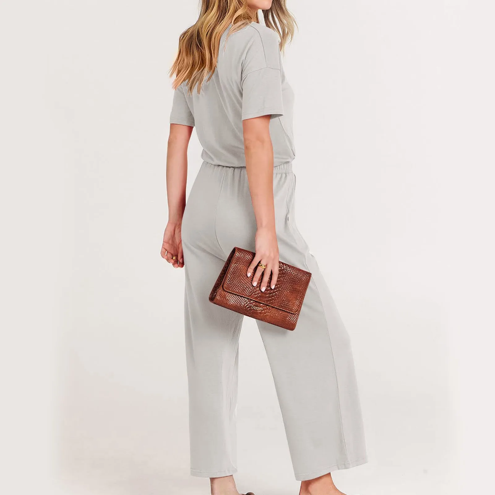 Summer Jumpsuits Fashion V-neck Short Sleeve Jumpsuit Women 2024 Loose Cropped Pants Jumpsuit Women's Solid Color Casual Jumpsui