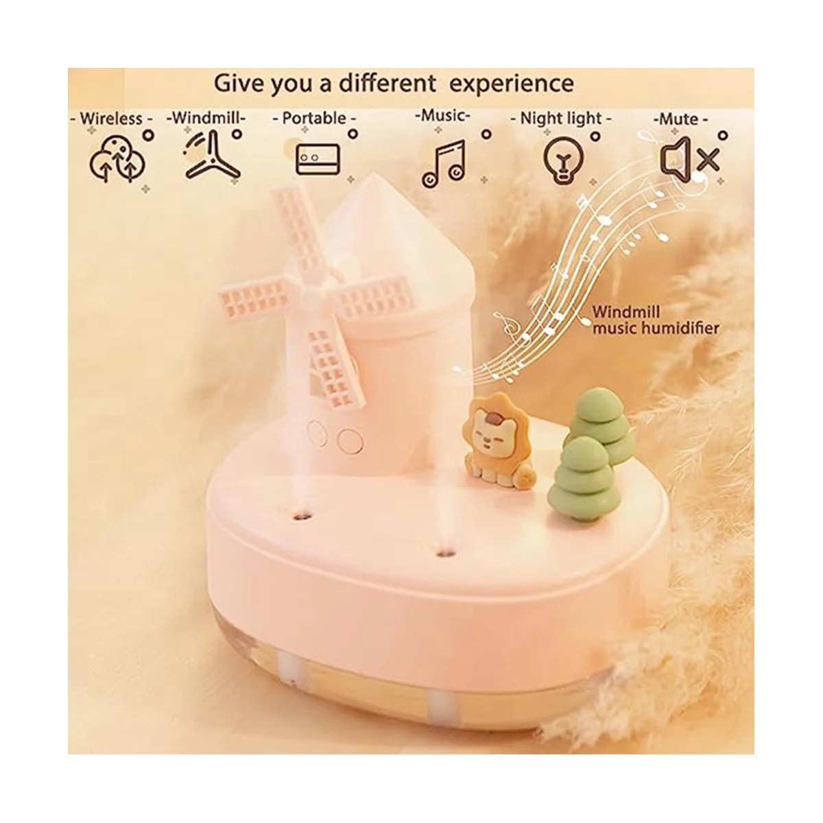 

humidifier Windmill Humidifier Mini Desktop Cute Pet Humidifier Cool Mist Humidifier with Music Box and Night Light(Pink)