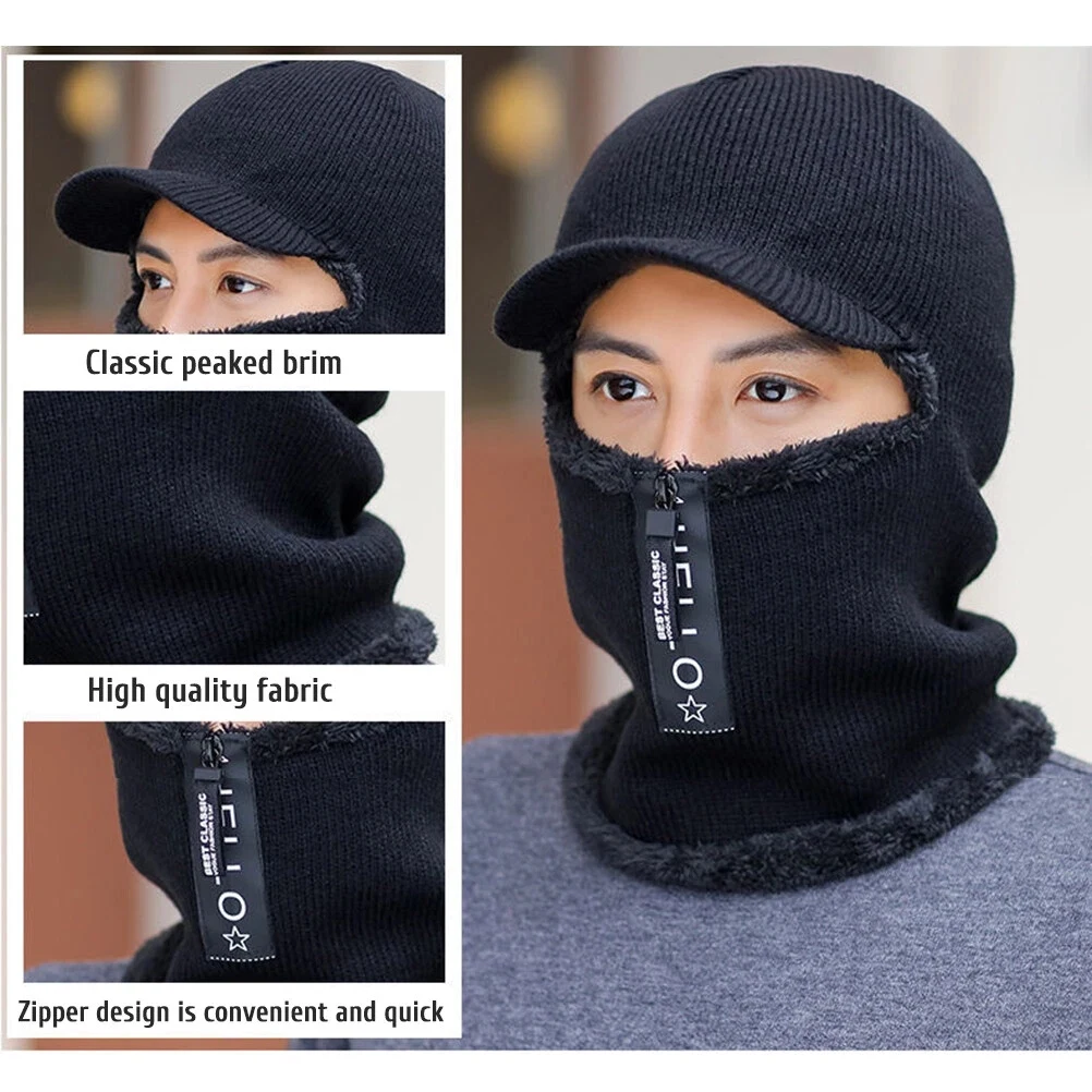 Winter Knit Balaclava Hat Men Elastic Beanie Hat with Neck Cover Warm & Windproof Knitted Hat with Zipper for Winter Outdoor