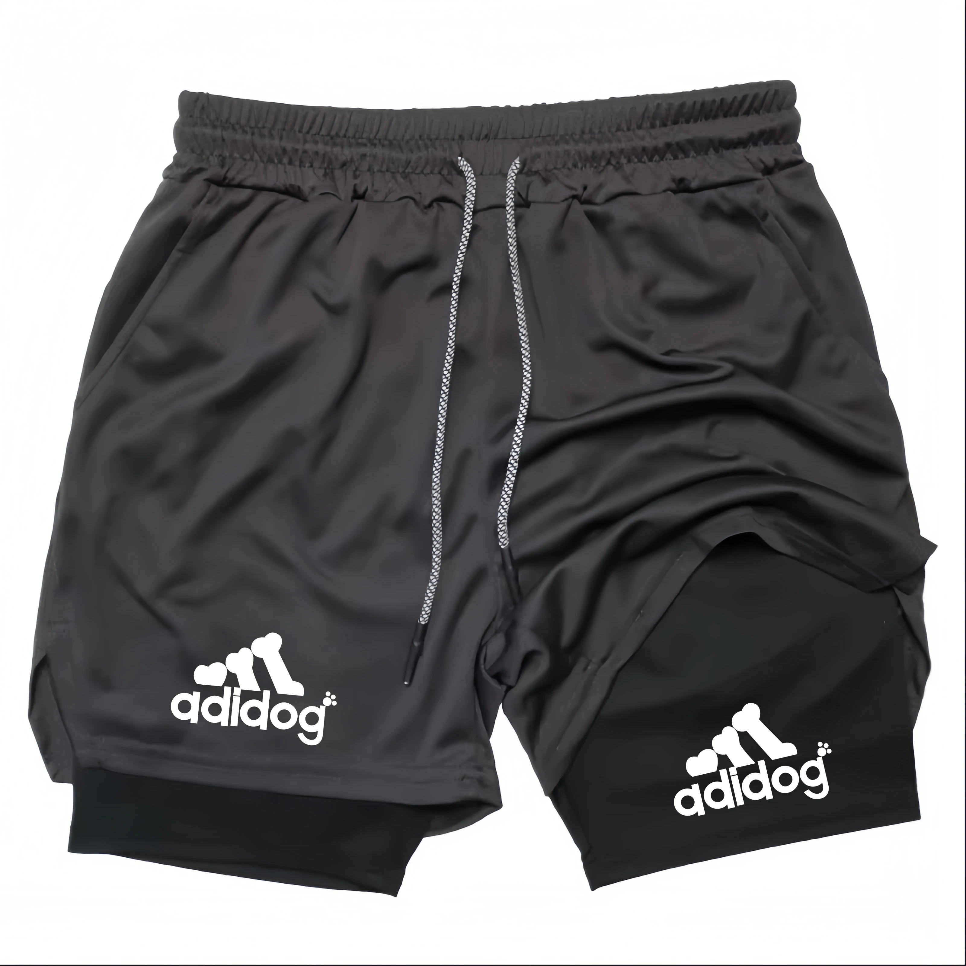 

Летние шорты для мужчин 2 в 1, спортивные шорты для тренировок в тренажерном зале, бега, с принтом и карманом для телефона, быстросохнущие, дышащие.